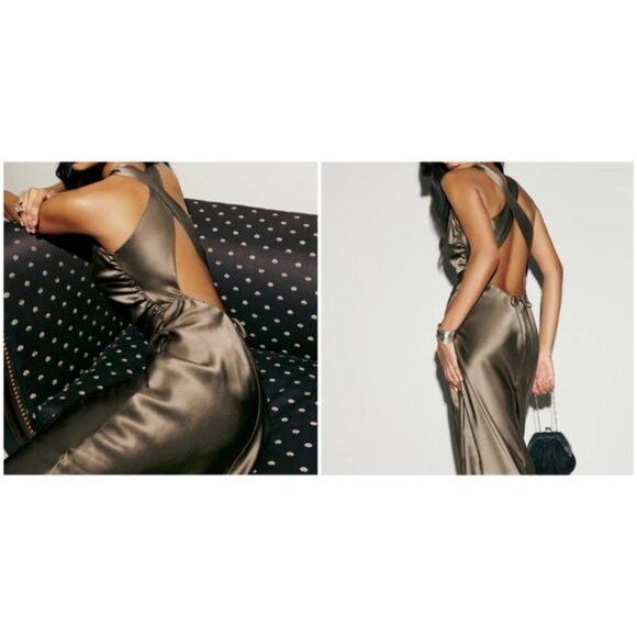 NEW Reformation Anaiis Long Silk Backless Dress Morel Brown | US 6 UK 10 - Picture 2 of 15